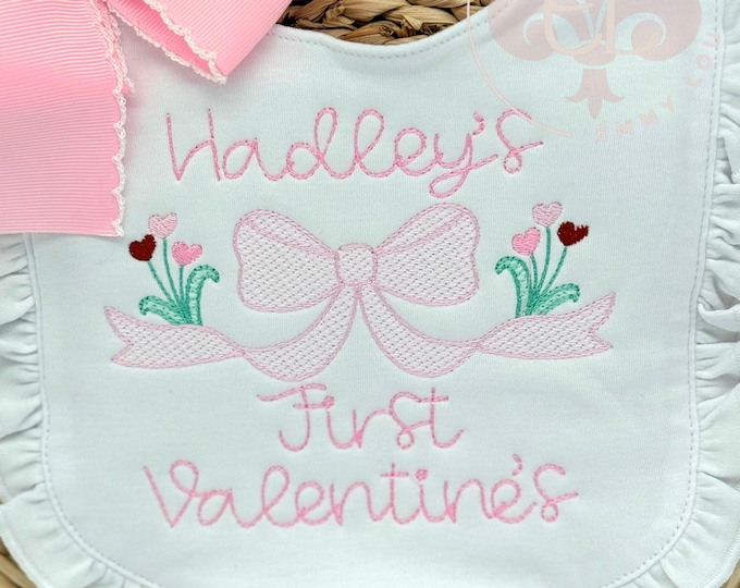 Personalized Baby's First Valentines Day Bib; Sweet Bow with Hearts Embroidery Design