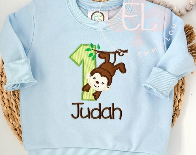 Personalized Monkey 1st Birthday Shirt, Appliqued First Birthday Outfit