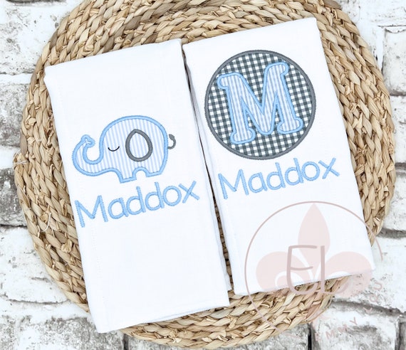 Personalized Embroidered Baby Boy Burp Cloth Gift Set with Elephant and Monogram, New Baby Shower Gift Set