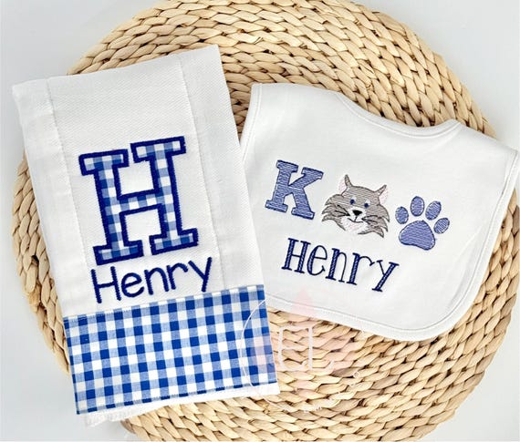 Personalized Bib and Burp Cloth Set, Embroidered Bib, Monogrammed Bib, Wildcat Bib, Bib and Burp Cloth, Burp Rags, Shower Gift