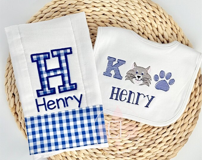 Personalized Bib and Burp Cloth Set, Embroidered Bib, Monogrammed Bib, Wildcat Bib, Bib and Burp Cloth, Burp Rags, Shower Gift