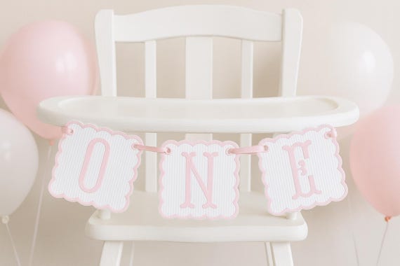 Pink Embroidered First Birthday Banner: White Seersucker Highchair Decoration