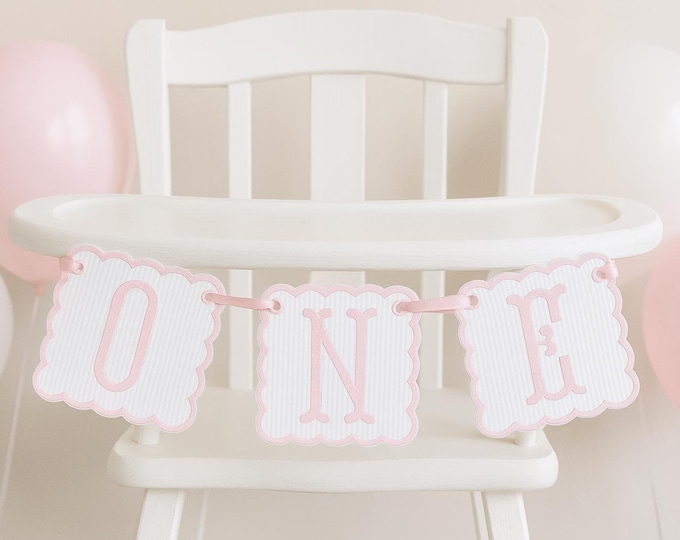 Pink Embroidered First Birthday Banner: White Seersucker Highchair Decoration