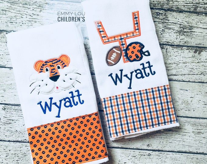 Personalized Baby Boy Burp Cloth Set, Football, Tigers, Baby Gift