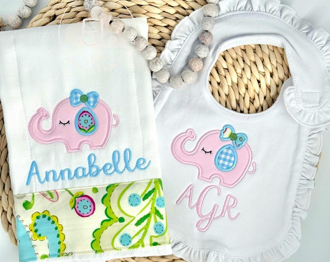 Embroidered Bib and Burp Cloth Set, Personalized Baby Shower Gift