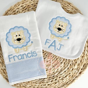 Baby Boy Monogram Burp Cloth Set - Lion - Newborn Baby Shower Gift - Embroidered Burp Cloth - Personalized Burp Cloth Set