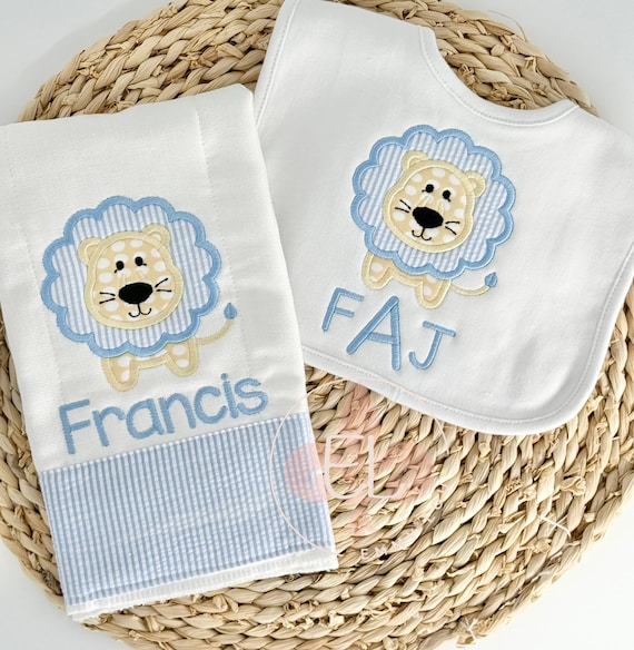 Baby Boy Monogram Burp Cloth Set - Lion - Newborn Baby Shower Gift - Embroidered Burp Cloth - Personalized Burp Cloth Set