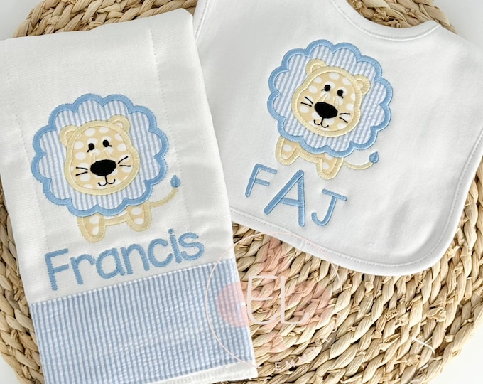 Baby Boy Monogram Burp Cloth Set - Lion - Newborn Baby Shower Gift - Embroidered Burp Cloth - Personalized Burp Cloth Set