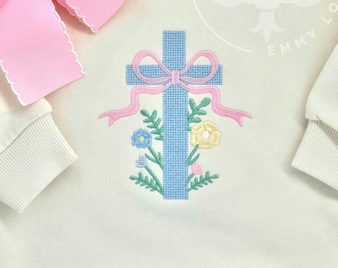 Personalized Easter Sweatshirt or Shirt for Little Girls, Floral Cross Embroidery with Pink Bow