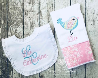 Baby Girl Gift Set, Baby Burp Cloth Girl, Baby Burp Cloth Girl,  Baby Gift, Personalized Burp Cloth, Baby Bib, Bibs, Ruffle Bib, Baby Shower