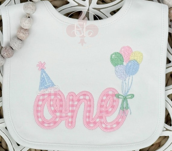 First Birthday Baby Bib - 1st Birthday Custom Baby Bib  - Gingham Cursive One White Baby Bib with Name
