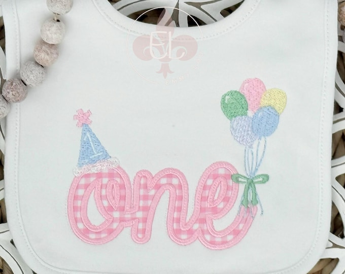 First Birthday Baby Bib – Custom Gingham One, Embroidered Bib