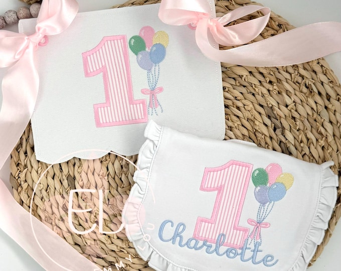 First Birthday Banner with Number 1 and Balloons  - Custom Personalized Highchair Banner with Name and Ribbons