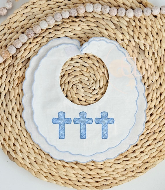 Custom Embroidered Boy Bib with Cross Trio - Personalized Baby Shower Gift