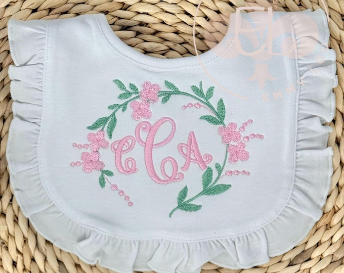 Personalized Ruffle Bib, Baby Girl Monogram Bib, Baby Shower Gift, Embroidered Baby Gift for Girls