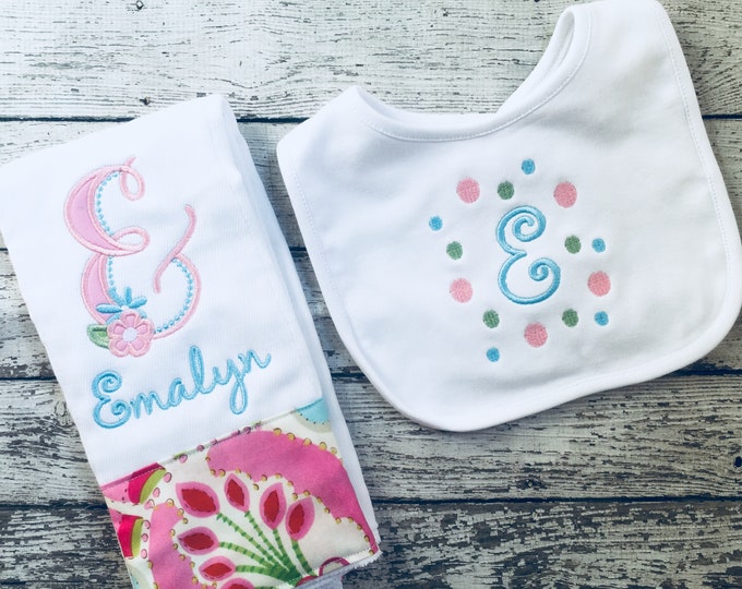 Personalized Burp Cloth and Bib, Monogrammed Burp Cloth Set, Girl Gift Set, Baby Girl Gift Set, Personalized Bib