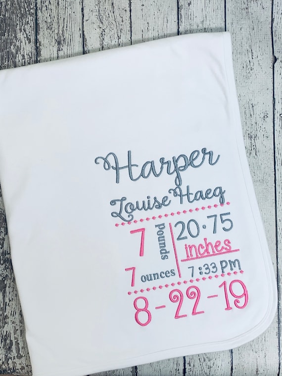 Embroidered Birth Stats Baby Blanket - Customized personalized baby gift