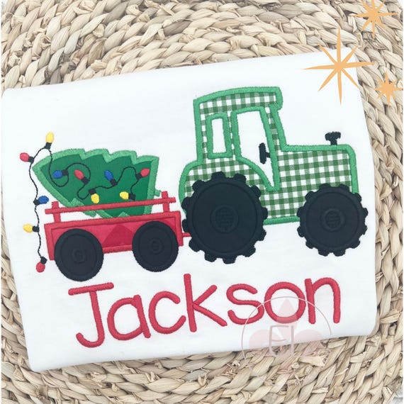 Boys Personalized Christmas Shirt with Green Tractor, Embroidered Christmas tshirt for boys;