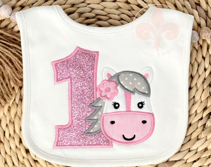 Horse 1st Birthday Bib, Pink Applique Bib