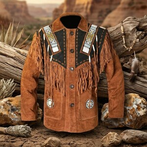 Veste de cowboy western pour homme | Manteau en cuir perlé et franges en daim | Tenue amérindienne faite main