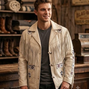 Blouson de cow-boy en cuir de style occidental traditionnel pour hommes avec franges et perles