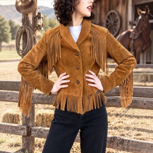 May include: A tan suede jacket featuring long fringe detailing along the shoulders, sleeves, and hemline. The jacket has a shawl collar, three brown buttons down the front, and long sleeves. It is worn over a plain white shirt and black jeans.