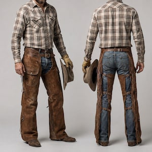 May include: A plaid long-sleeve button-down shirt paired with blue denim jeans and brown leather chaps. The chaps feature front pockets, side fringe, and multiple buckle straps along the legs. A tan cowboy hat is held in one hand.