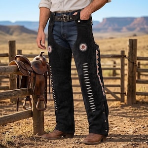 May include: Black suede leather chaps featuring white fringe accents along the outer legs, decorative circular patches with red and white patterns, and a side panel with a geometric orange and white design, worn over blue denim jeans.