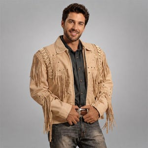 Leren herenjas met franje | Western-cowboystijl | Kraal van been met studs | Handgemaakte Indiaanse rodeojas | Countryfestivalcadeau voor hem