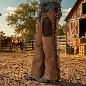 May include: Light brown suede leather chaps featuring a dark brown leather pocket, a silver-toned metal ring attachment at the hip, and long fringe detailing along the outer leg seams, secured with a series of metal studs down the side.