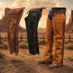 Leren chaps met franjes | Western cowboy chaps | Bewerkte suède chaps | Rodeo chaps | Vintage leren chaps