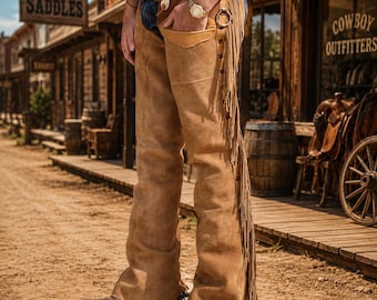 Calças de couro estilo faroeste | Calças de couro com franjas para cowboy | Calças de couro marrom para montaria | Roupa de rodeio estilo faroeste