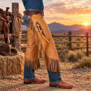 May include: Tan leather chaps featuring long fringe along the sides, a dark brown tooled leather belt with a buckle, and decorative silver-toned accents with yellow leather ties. The chaps are worn over blue denim jeans and brown textured boots.
