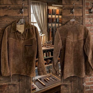 Könnte beinhalten: Eine braune Wildlederjacke, von vorne und hinten abgebildet. Die Vorderseite verfügt über einen Schnürkragen, einen spitzen Kragen und eine kleine horizontale Brusttasche. Die Rückseite zeigt ein einfaches Passe-Design. Beide Ansichten zeigen lange Ärmel.