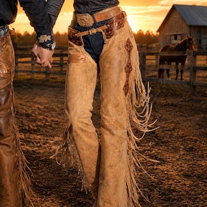 Women’s Western Leather Chaps with Fringe | Handmade Tan Suede Cowgirl Chaps | Rodeo, Equestrian & Ranch Wear