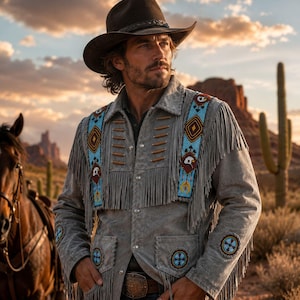 Chaqueta vaquera del oeste para hombre / Abrigo de cuero con flecos de gamuza y cuentas / Estilo nativo americano