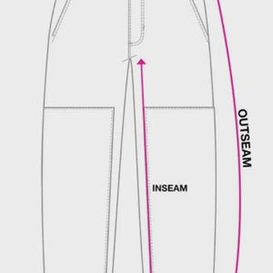 Op de afbeelding: Een zwart-witte lijntekening van een broek met maataanduidingen. Het diagram bevat labels voor WAIST, OUTSEAM, INSEAM en LEG OPENING met roze pijlen die naar de overeenkomstige delen van de kledingstructuur wijzen.