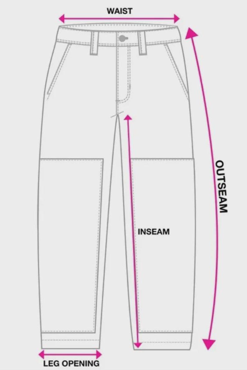 Op de afbeelding: Een zwart-witte lijntekening van een broek met maataanduidingen. Het diagram bevat labels voor WAIST, OUTSEAM, INSEAM en LEG OPENING met roze pijlen die naar de overeenkomstige delen van de kledingstructuur wijzen.