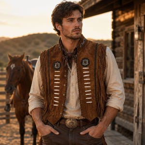 Op de afbeelding: Een bruin suède vest met lange franjes langs de armsgaten, witte horizontale botachtige accenten op de borst en ronde geborduurde patches. Het vest wordt gedragen over een lichtbeige overhemd met lange mouwen en een donkere broek.