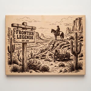 Puede incluir: Letrero de madera con un grabado detallado de una escena del oeste. El letrero dice "Frontier Legends Est. 1889" y representa a un vaquero a caballo, una carreta cubierta y un paisaje desértico con cactus.