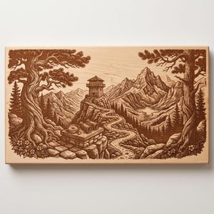May include: A rectangular wooden plaque featuring a laser-engraved landscape illustration. The scene depicts a stone watchtower on a cliff, a winding path, mountains, and two large trees framing the view. A compass and binoculars rest on a stone ledge.