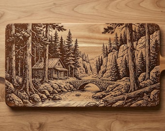 May include: Wooden cutting board with a detailed engraved forest scene. The design features a cabin, stone bridge, river, and trees. The board is rectangular and has a natural wood grain finish, perfect for kitchen decor.