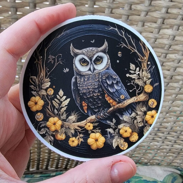 Horned Owl Sticker, Pumpkin Autumn Owl Decal, Brown Owl Vinyl Decal Sticker, Spooky Black Owl Halloween Decal 3 Inch Waterproof Sticker Bird