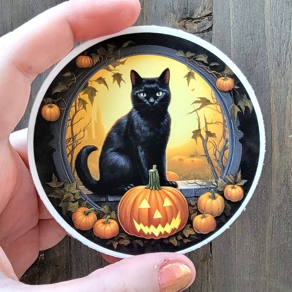 Black Cat Halloween Sticker, Limited Edition Vintage Black Cat Vinyl Decal, Waterproof Sticker, Pumpkin, Jack O Lantern, Witch Samhain Decal