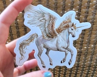 Alicorn Sticker, Winged Unicorn Pegasus Horse Waterproof Sticker, Vinyl Decal, White Unicorn, Mystical Creature Artwork, Decal for Laptop