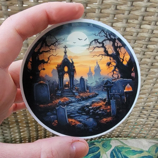 Haunted Graveyard Halloween Sticker, Cemetery Vintage Tombstone Vinyl Decal, Waterproof Sticker, Spooky Woods, New Orleans Mausoleum NOLA