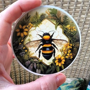 Bumblebee Sticker, Honey Bee Vinyl Decal, Bee Sunflower Honeycomb Waterproof Sticker, 3 inch Bee Flower Circle Sticker, Save the Bees Nature image 1