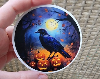 Raven Halloween Sticker, Crow Black Bird Vinyl Decal, Waterproof Sticker, Jack O Lantern, Spooky Tree, Nevermore, Limited Edition Sticker