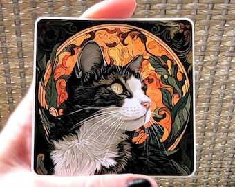 Black Cat Sticker, Art Nouveau Cat Decal, Cat Mom, Tuxedo Cat, Water Bottle Sticker, Laptop Sticker Phone Sticker, Kindle Sticker, Tarot Cat