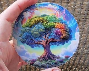 Rainbow Tree of Life Vinyl Sticker, Celestial Heaven Tree Decal, Yggdrasil Magical Clouds Daylight Celtic Knot Tree, Waterproof Sticker
